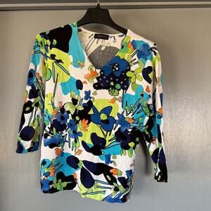 Pierri Stretchy Beaded Bright Floral Boho Sweater sz L 3/4 Sleeves Gypsy V-neck